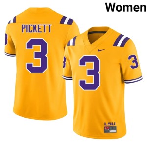 Gold College Football Louisiana State University Tigers DJ Pickett Stitched Women #3 Jersey 493259-856